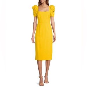 BNWT Antonio Melani Soha Square Neck Ruched Puff Sleeve Midi Sheath Dress